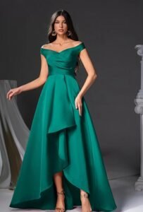 Off-Shoulder Satin Gown with High-Low Hem