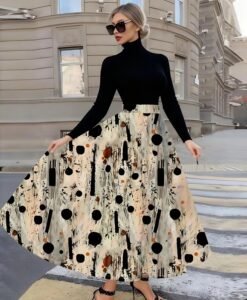 Turtleneck & Abstract Print Maxi Skirt Set