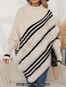Striped Knit Poncho with Faux Fur Panel