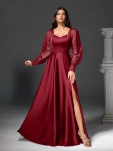 Satin Evening Gown with Sheer Puff Sleeves